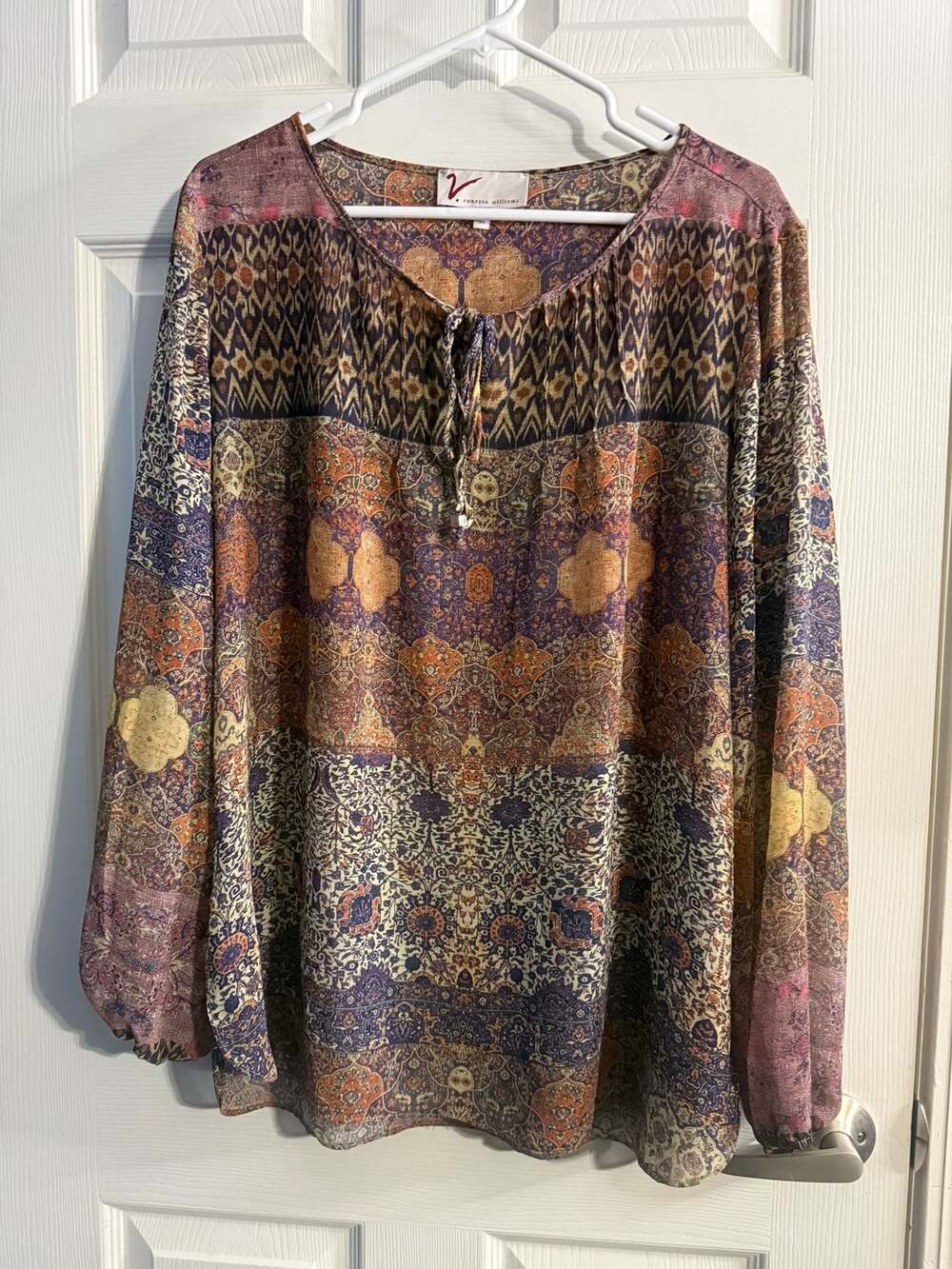 Vanessa Williams Boho Multi-Color Paisley Print Long Sleeve Blouse Size XL